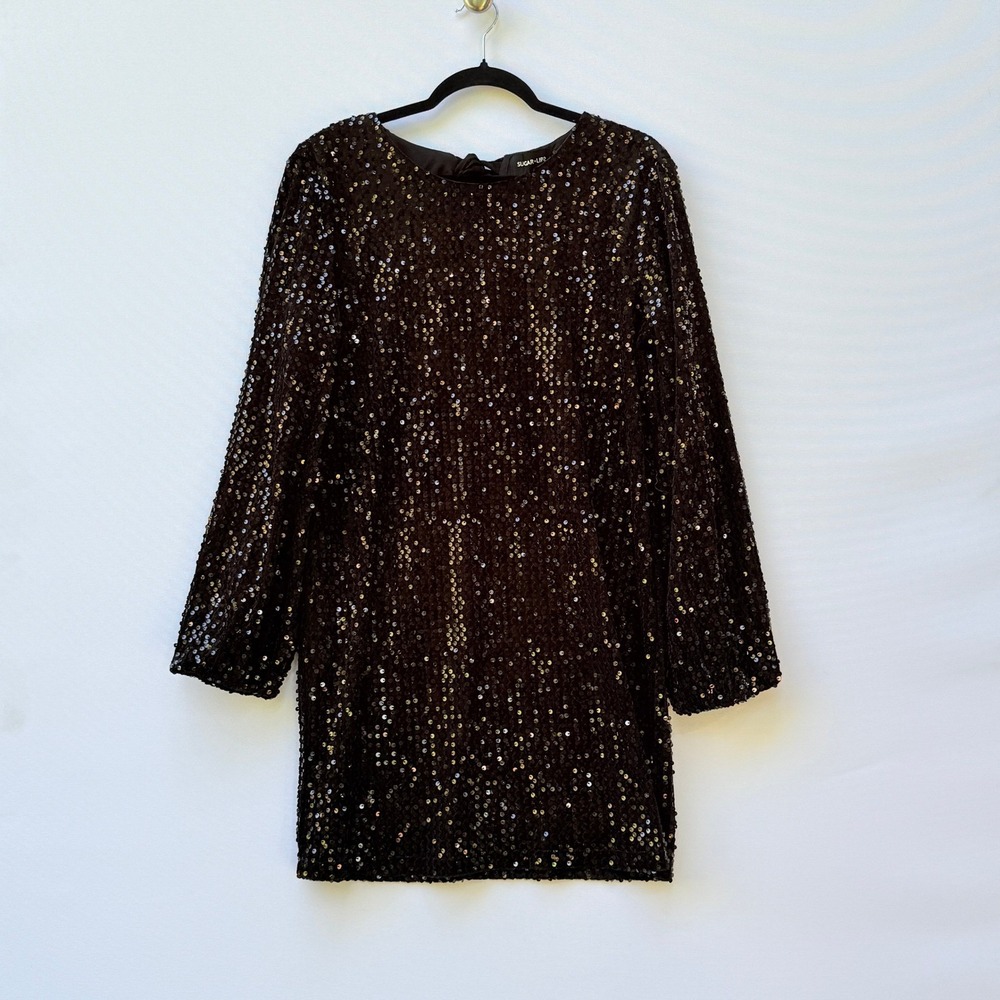 NEW Sugar + Lips Women Medium Black Sequin Mini Dress Long Sleeve Party Cocktail